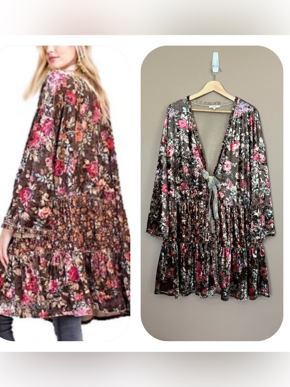 {Easel} Relaxed Vintage Floral Tiered Velvet Cardigan Kimono - Womens Large